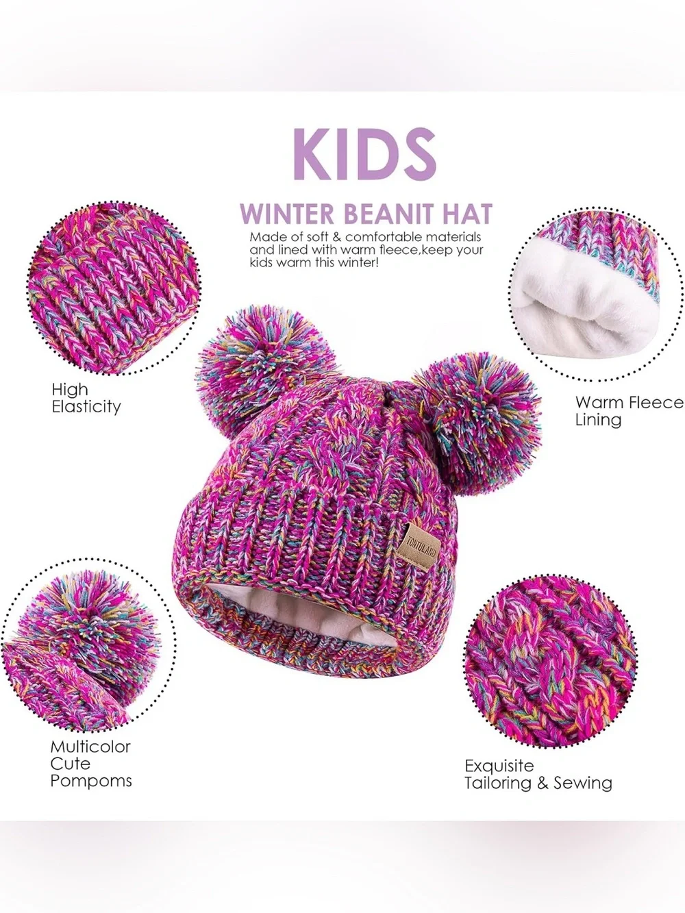 White Double Pom Pom Knit Beanie for Kids